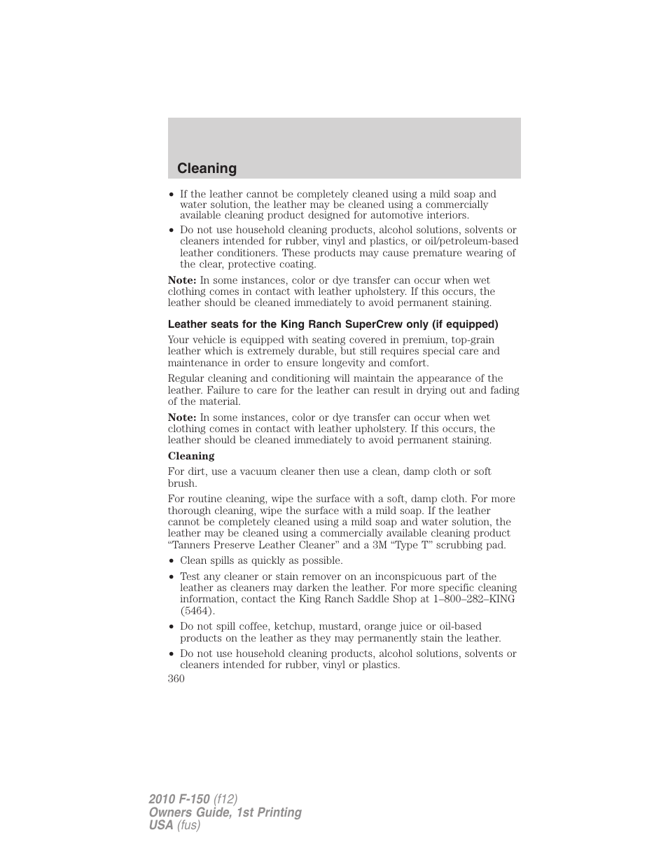 Cleaning | FORD 2010 F-150 v.1 User Manual | Page 360 / 419