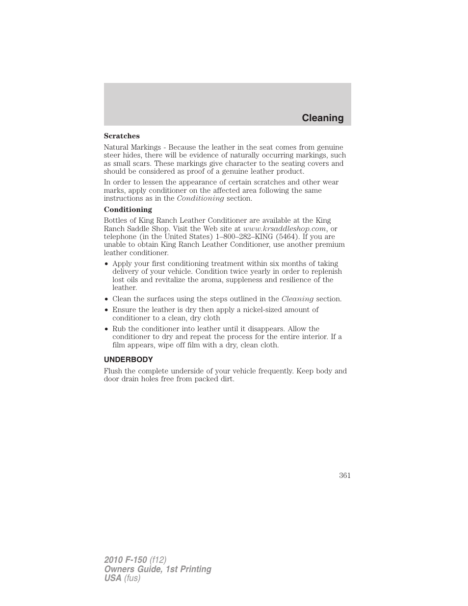 Underbody, Cleaning | FORD 2010 F-150 v.1 User Manual | Page 361 / 419