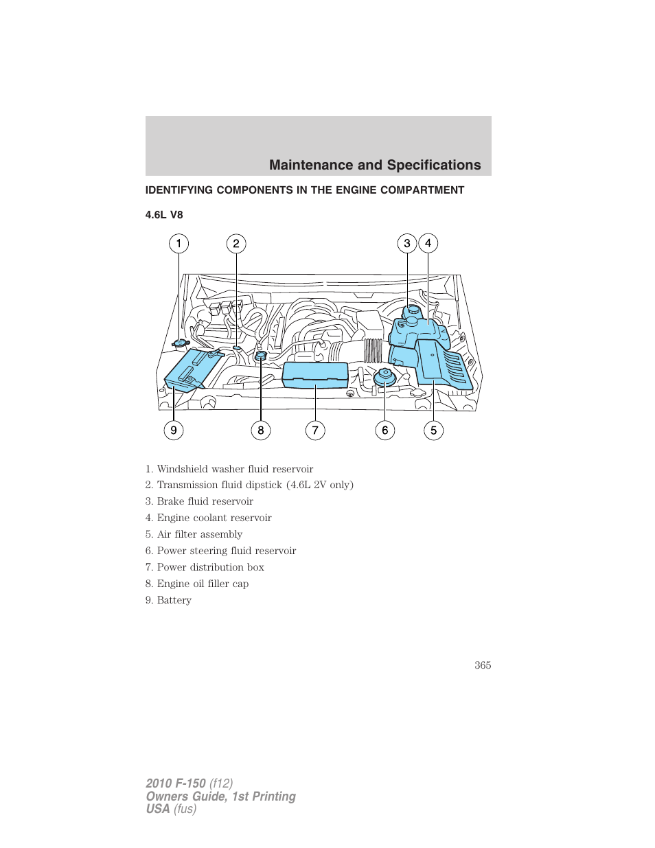 Identifying components in the engine compartment, 6l v8, Engine compartment | Maintenance and specifications | FORD 2010 F-150 v.1 User Manual | Page 365 / 419