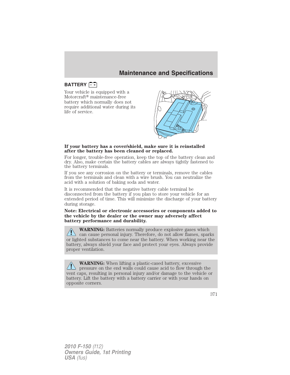 Battery, Maintenance and specifications | FORD 2010 F-150 v.1 User Manual | Page 371 / 419