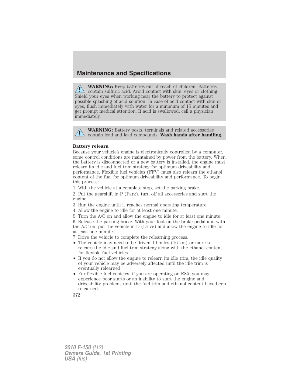 Maintenance and specifications | FORD 2010 F-150 v.1 User Manual | Page 372 / 419
