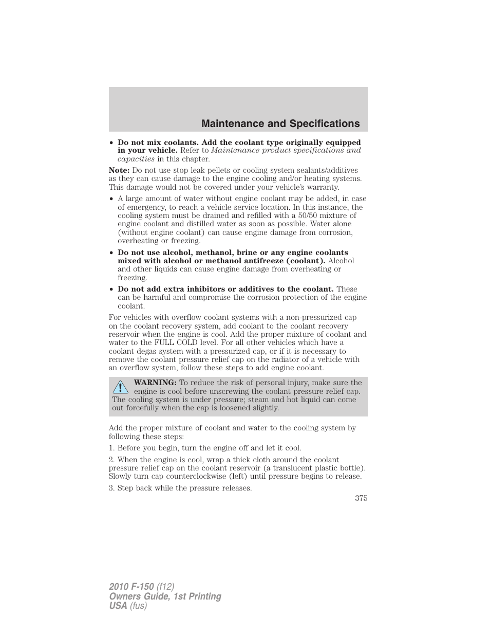 Maintenance and specifications | FORD 2010 F-150 v.1 User Manual | Page 375 / 419