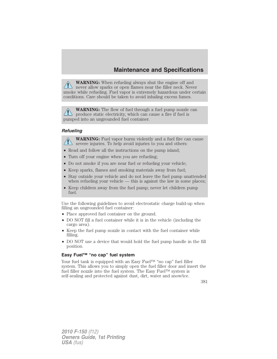 Refueling, Easy fuel™ “no cap” fuel system, Maintenance and specifications | FORD 2010 F-150 v.1 User Manual | Page 381 / 419
