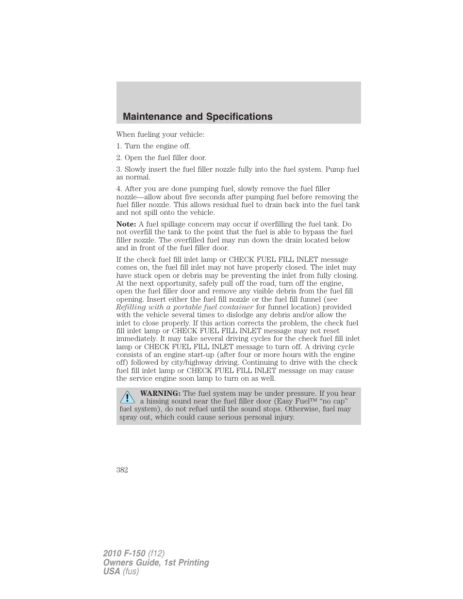 Maintenance and specifications | FORD 2010 F-150 v.1 User Manual | Page 382 / 419