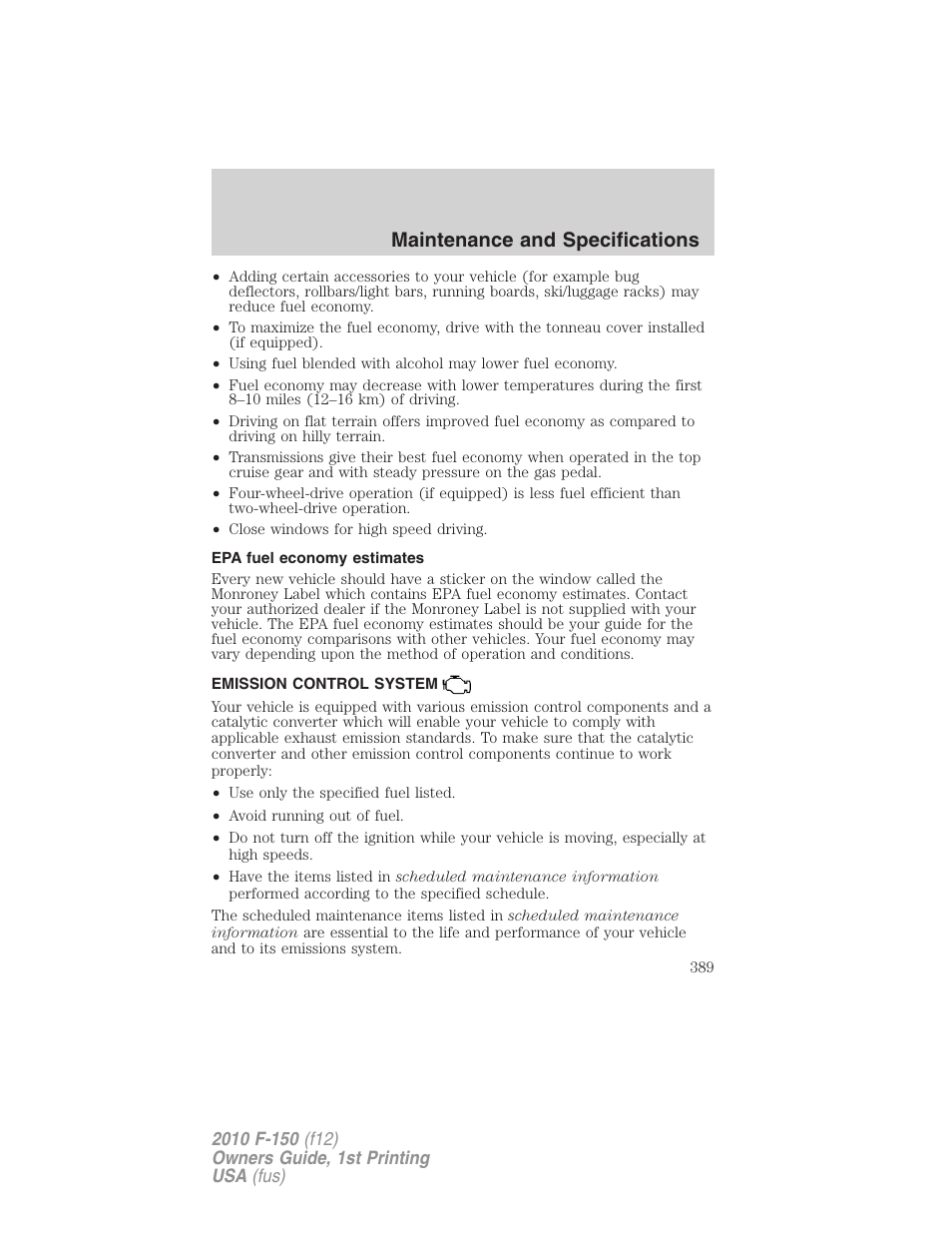 Epa fuel economy estimates, Emission control system, Maintenance and specifications | FORD 2010 F-150 v.1 User Manual | Page 389 / 419