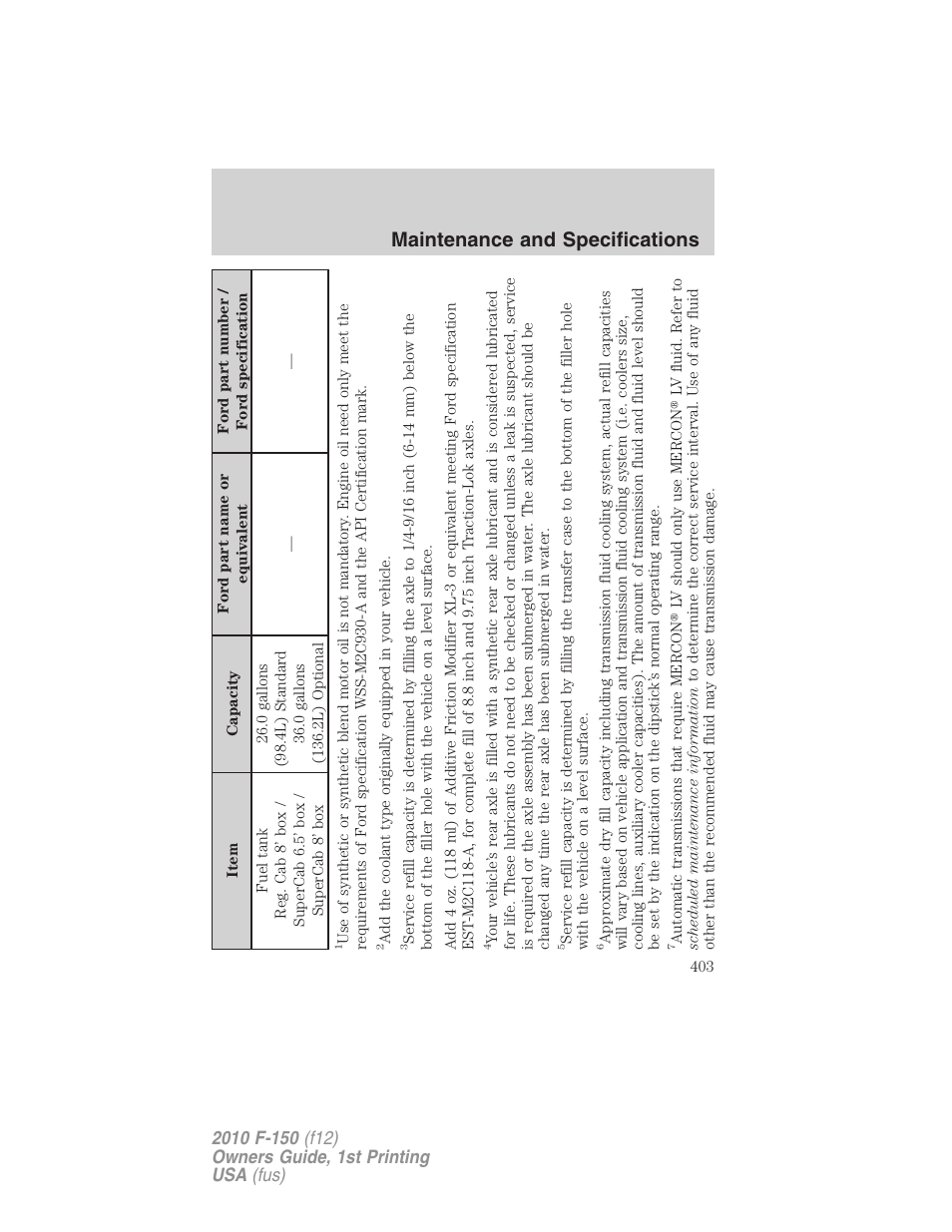 Maintenance and specifications | FORD 2010 F-150 v.1 User Manual | Page 403 / 419