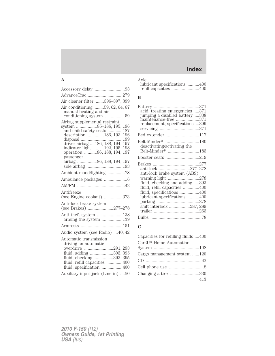 Index | FORD 2010 F-150 v.1 User Manual | Page 413 / 419