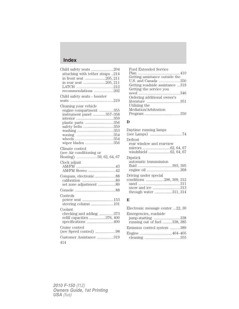 Index | FORD 2010 F-150 v.1 User Manual | Page 414 / 419
