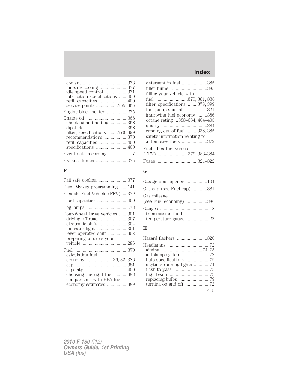 Index | FORD 2010 F-150 v.1 User Manual | Page 415 / 419