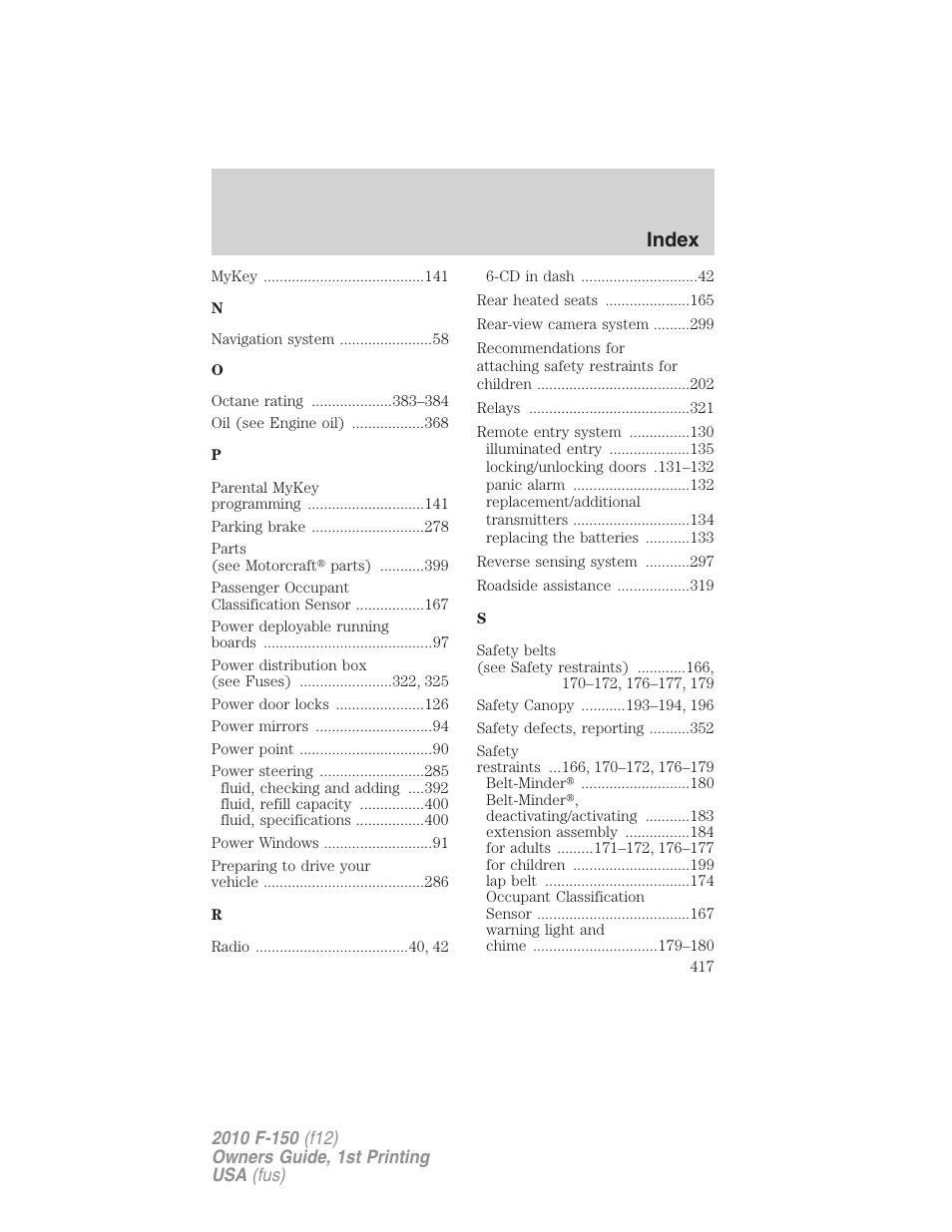 Index | FORD 2010 F-150 v.1 User Manual | Page 417 / 419