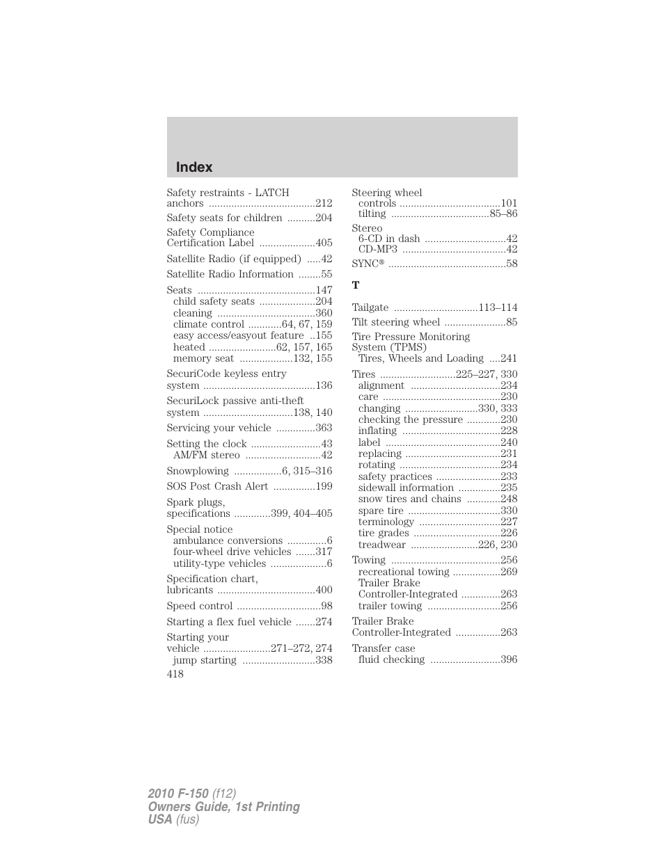 Index | FORD 2010 F-150 v.1 User Manual | Page 418 / 419