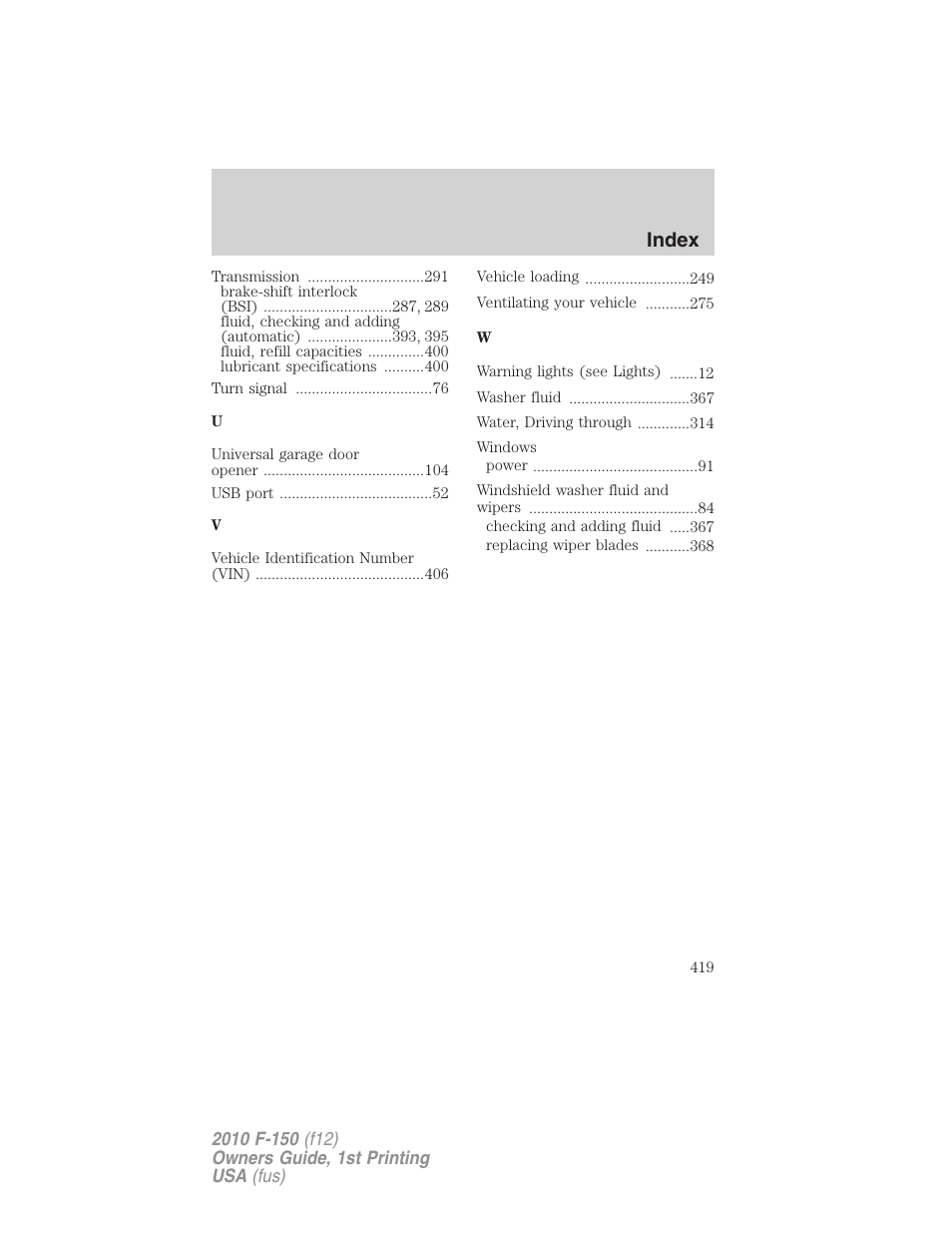 Index | FORD 2010 F-150 v.1 User Manual | Page 419 / 419