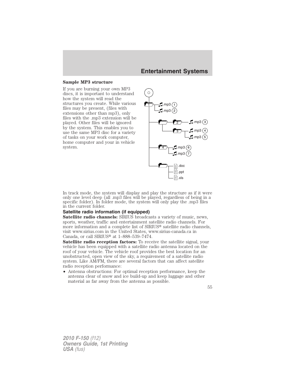 Satellite radio information (if equipped), Satellite radio information, Entertainment systems | FORD 2010 F-150 v.1 User Manual | Page 55 / 419