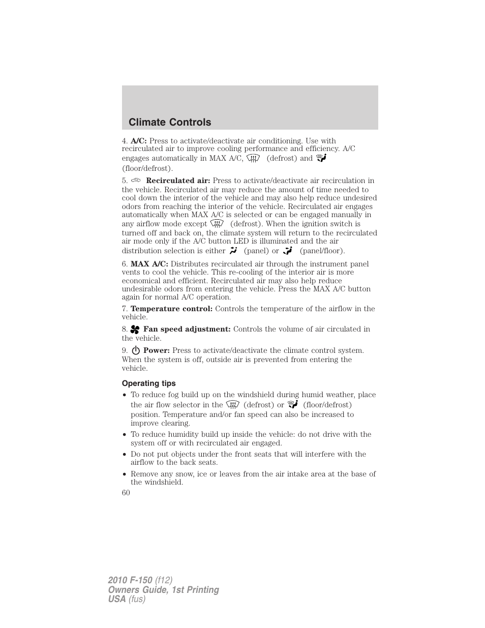 Operating tips, Climate controls | FORD 2010 F-150 v.1 User Manual | Page 60 / 419