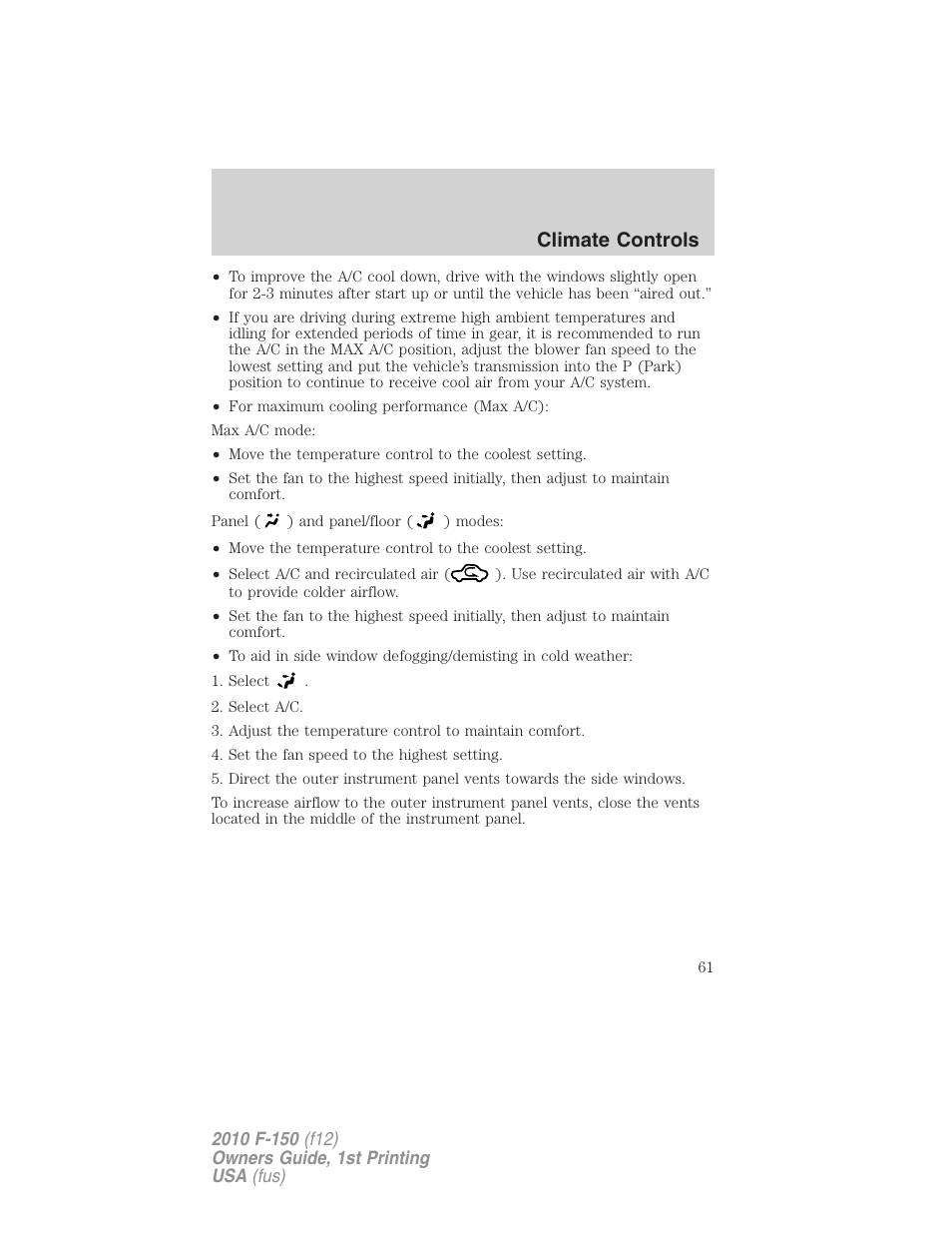 Climate controls | FORD 2010 F-150 v.1 User Manual | Page 61 / 419