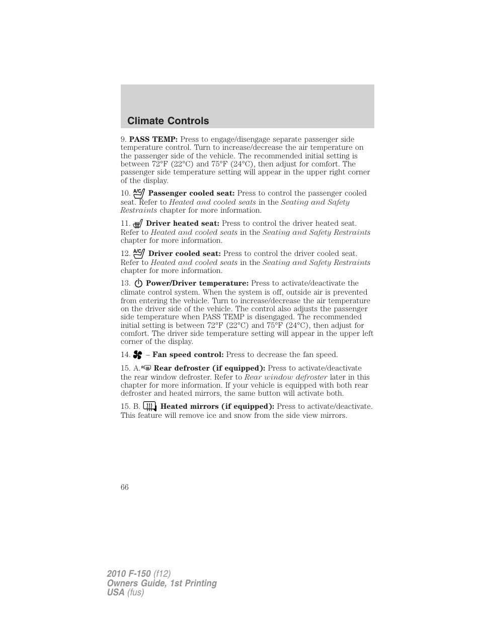 Climate controls | FORD 2010 F-150 v.1 User Manual | Page 66 / 419