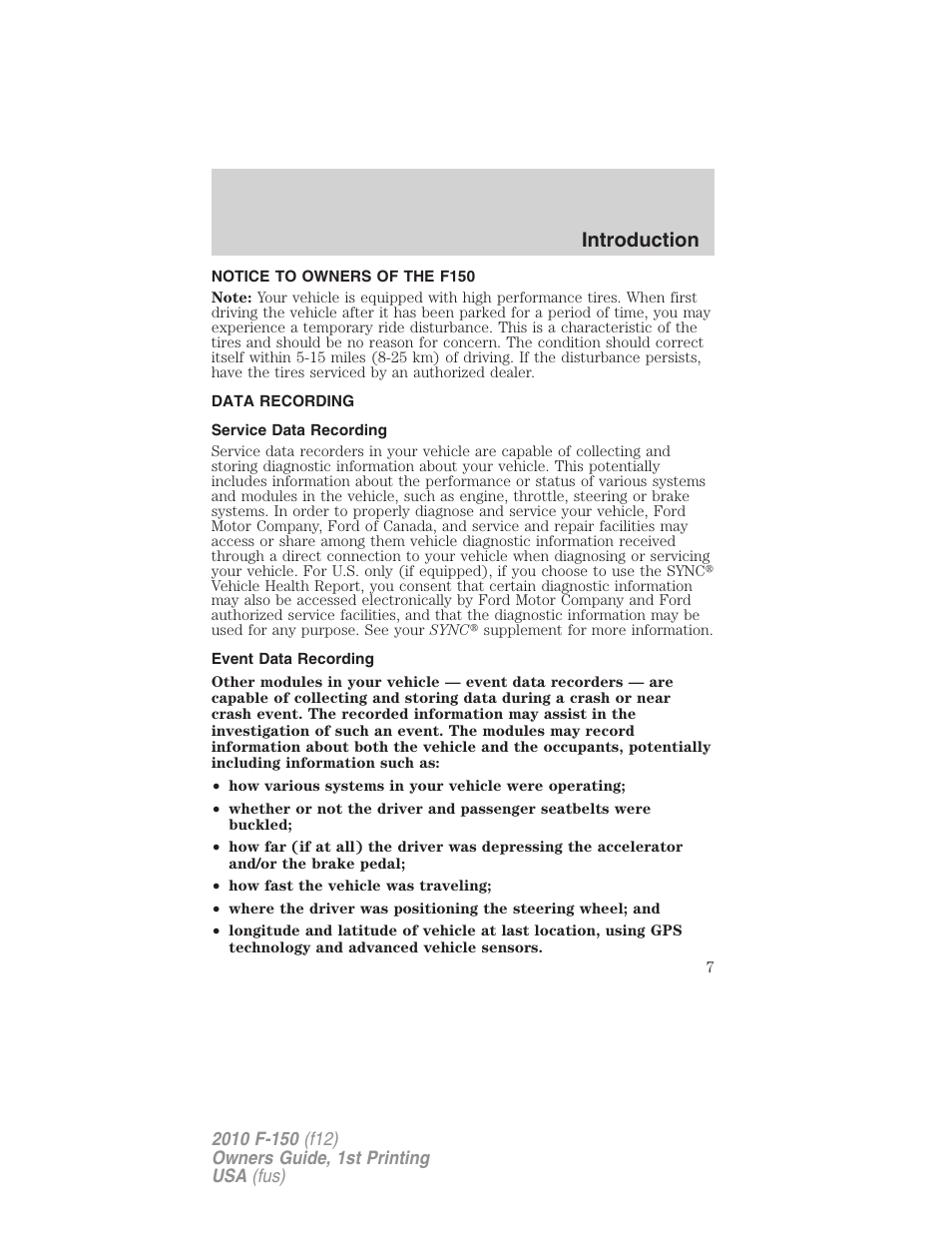 Notice to owners of the f150, Data recording, Service data recording | Event data recording, Introduction | FORD 2010 F-150 v.1 User Manual | Page 7 / 419
