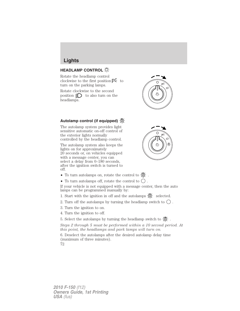 Lights, Headlamp control, Autolamp control (if equipped) | Headlamps | FORD 2010 F-150 v.1 User Manual | Page 72 / 419