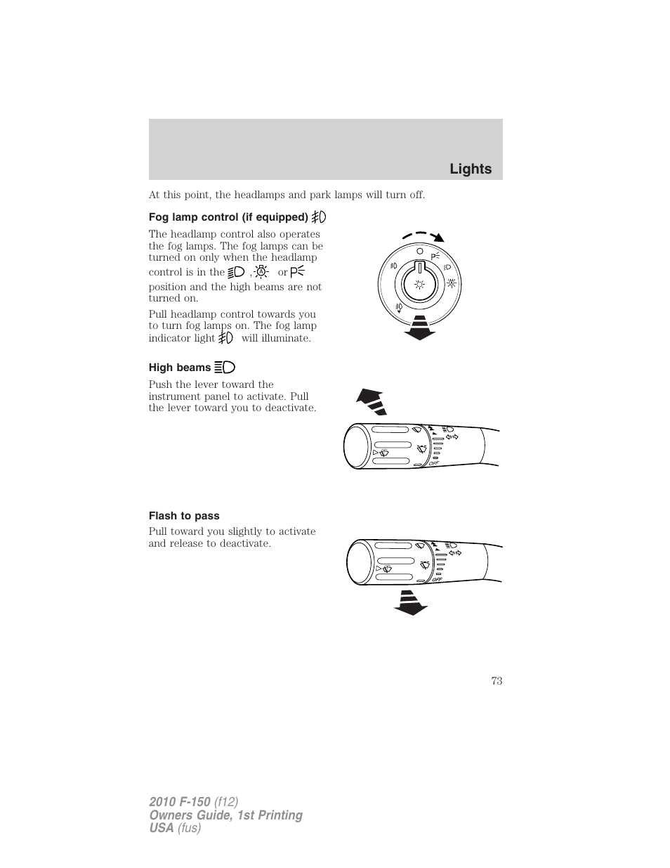 Fog lamp control (if equipped), High beams, Flash to pass | Lights | FORD 2010 F-150 v.1 User Manual | Page 73 / 419