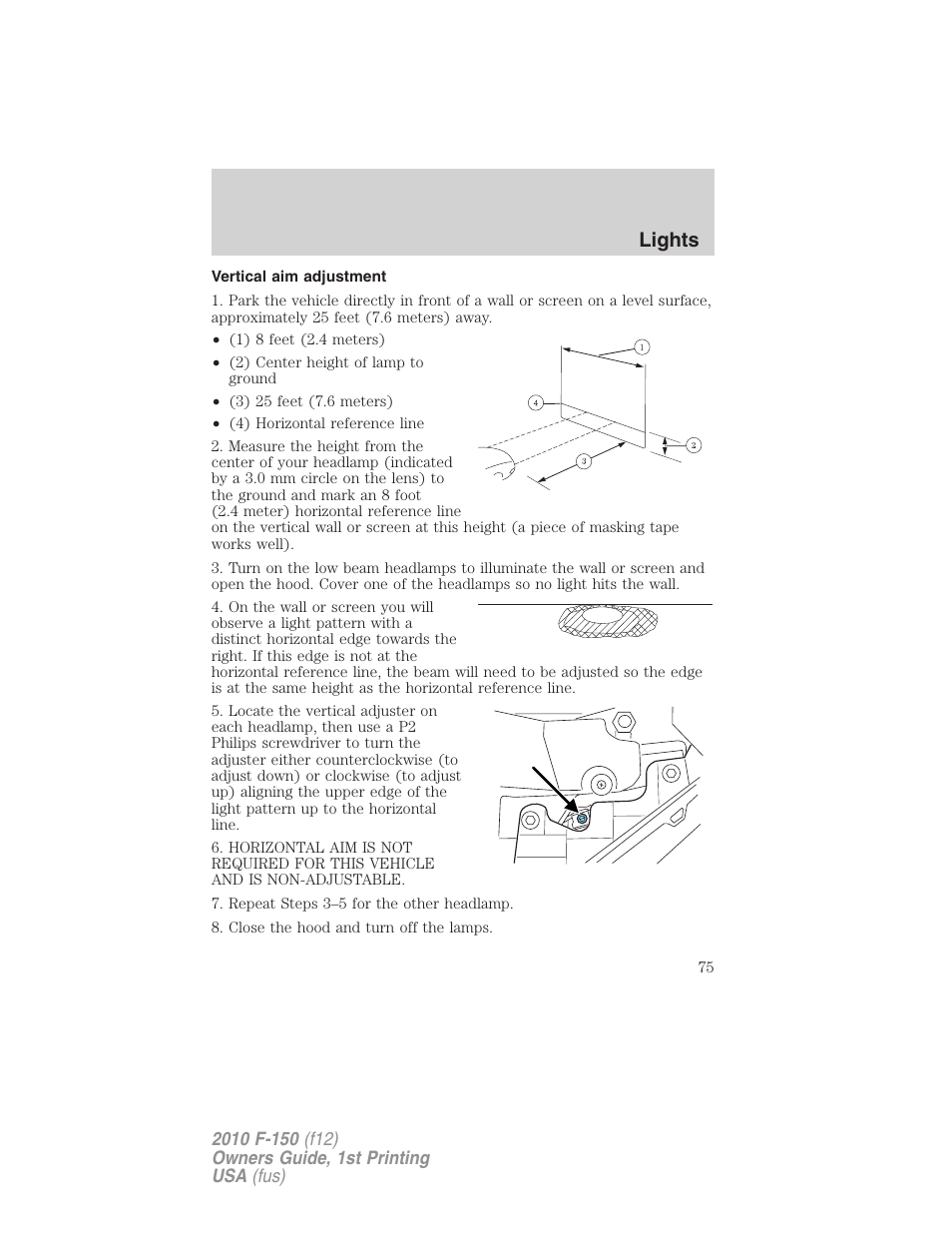 Vertical aim adjustment, Lights | FORD 2010 F-150 v.1 User Manual | Page 75 / 419