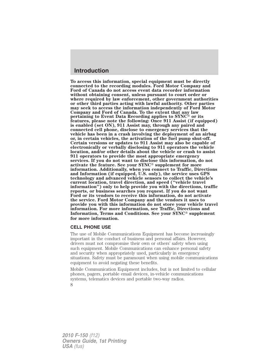 Cell phone use, Introduction | FORD 2010 F-150 v.1 User Manual | Page 8 / 419