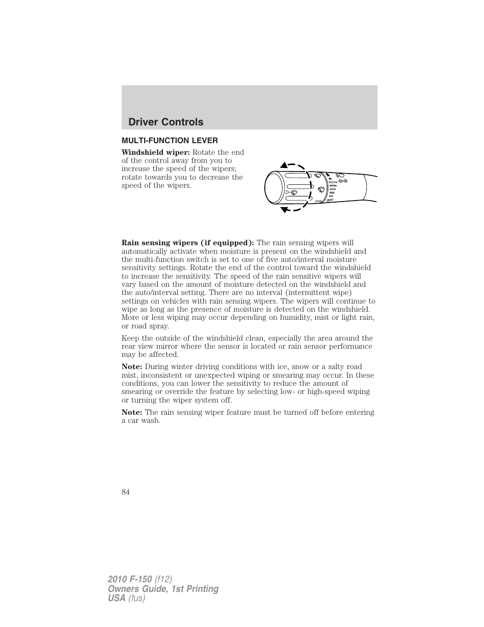 Driver controls, Multi-function lever, Windshield wiper/washer control | FORD 2010 F-150 v.1 User Manual | Page 84 / 419