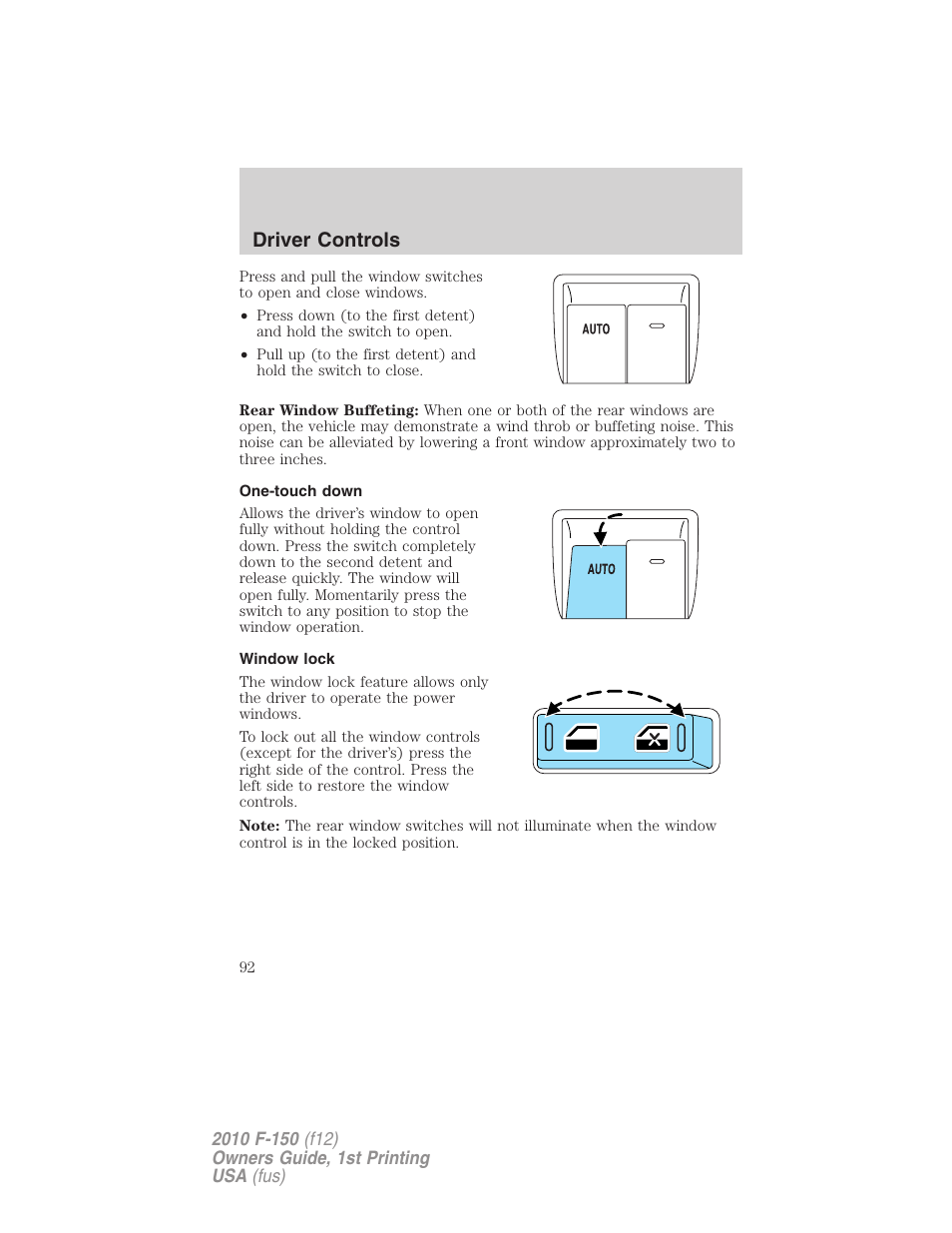 One-touch down, Window lock, Driver controls | FORD 2010 F-150 v.1 User Manual | Page 92 / 419