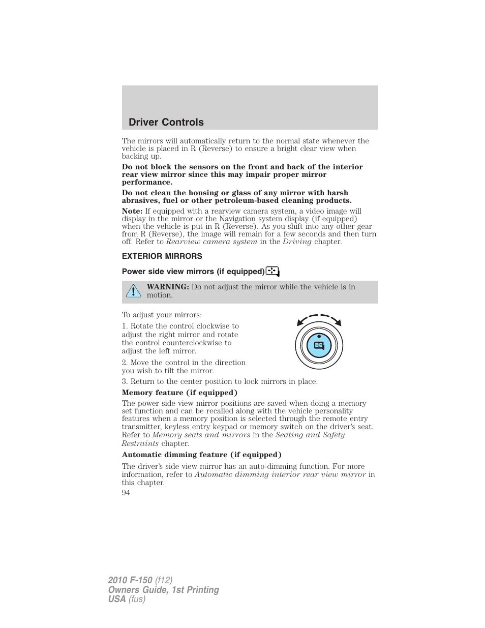 Exterior mirrors, Power side view mirrors (if equipped), Driver controls | FORD 2010 F-150 v.1 User Manual | Page 94 / 419