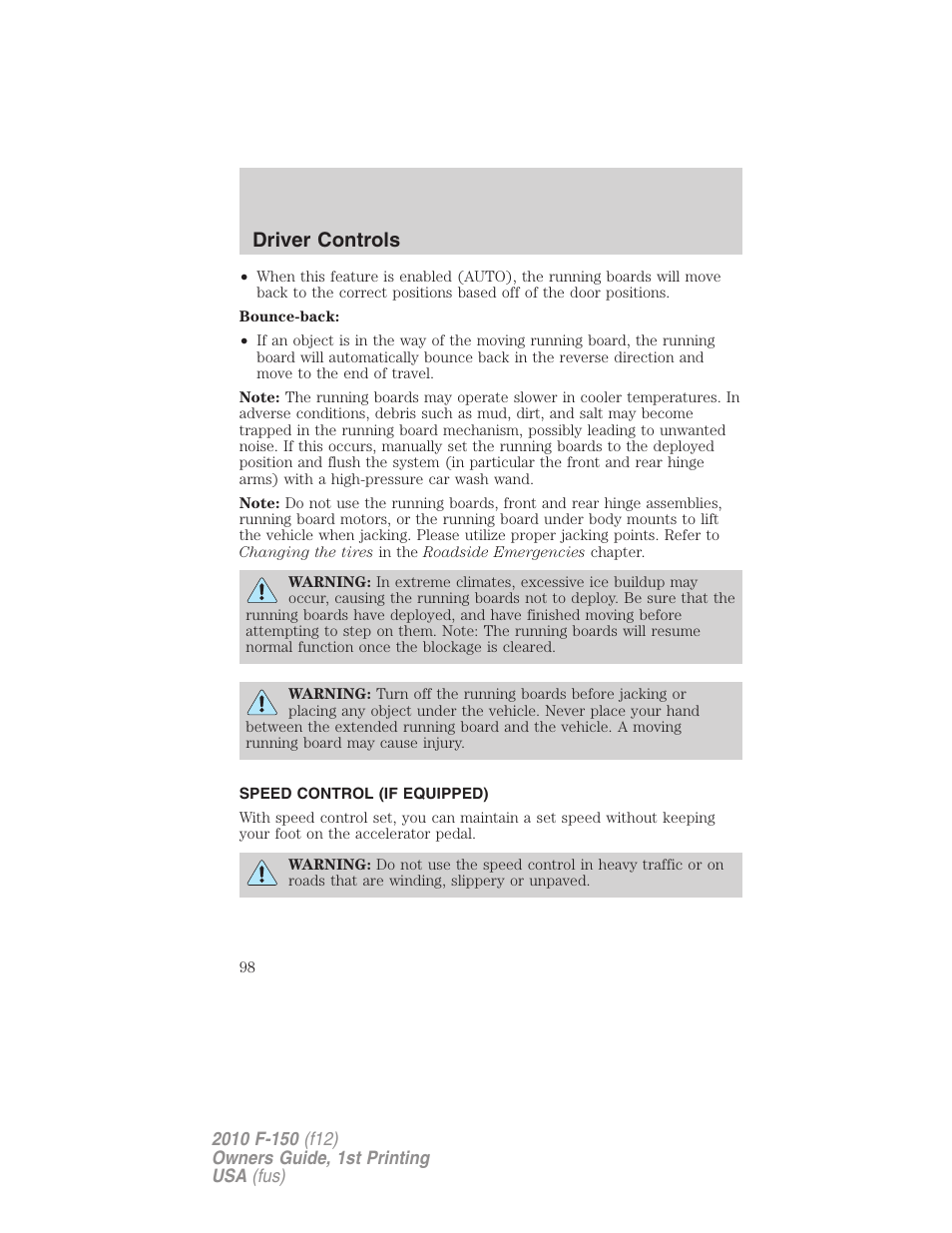 Speed control (if equipped), Speed control, Driver controls | FORD 2010 F-150 v.1 User Manual | Page 98 / 419