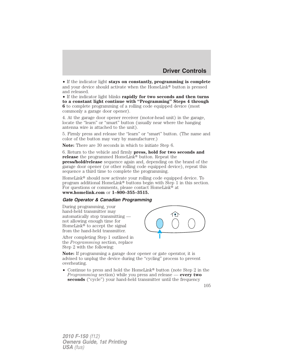 Gate operator & canadian programming, Driver controls | FORD 2010 F-150 v.2 User Manual | Page 105 / 414