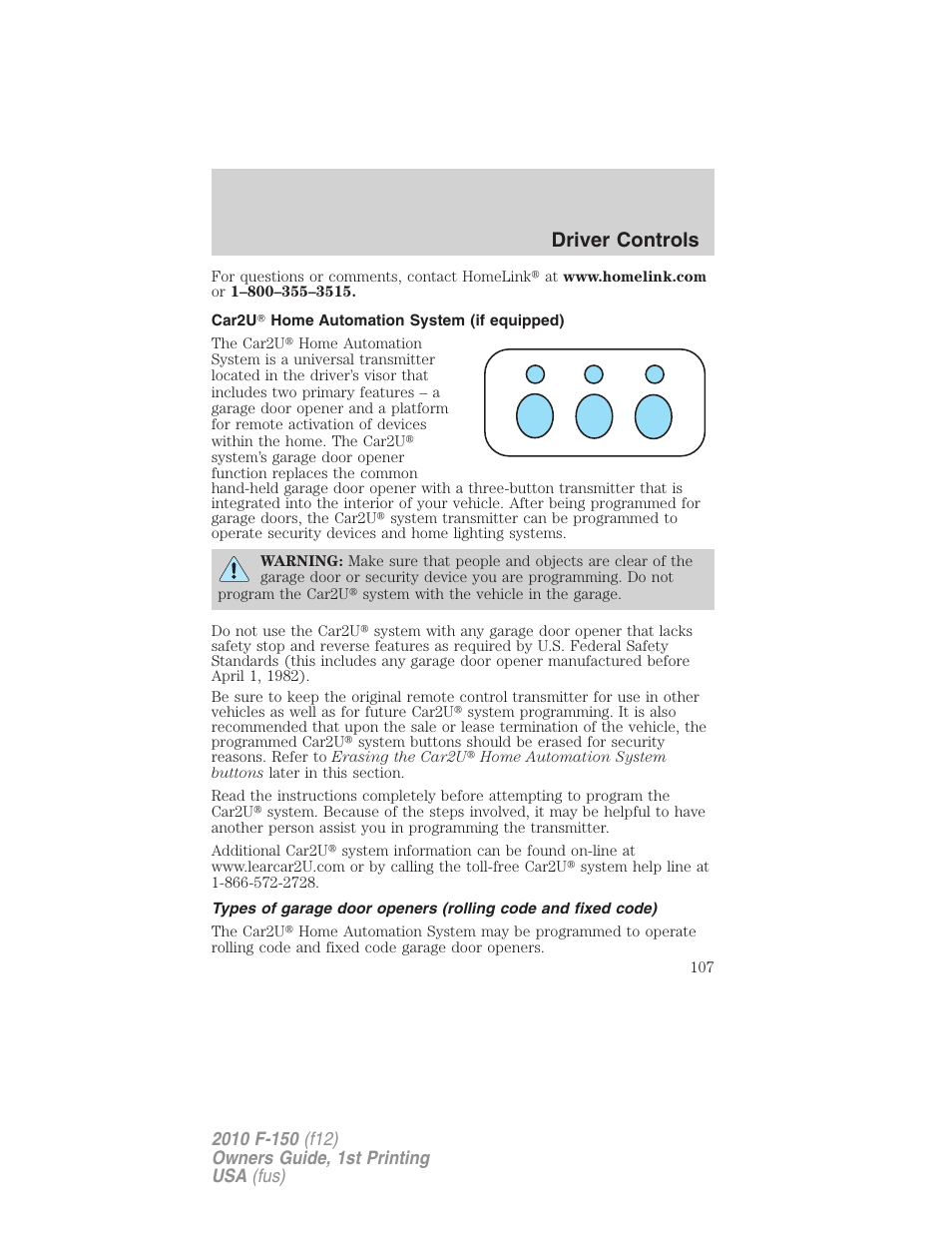 Car2u home automation system (if equipped), Driver controls | FORD 2010 F-150 v.2 User Manual | Page 107 / 414