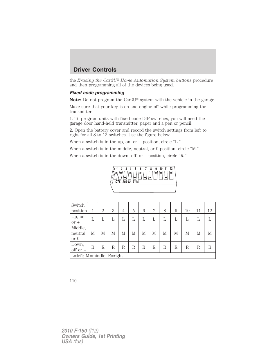 Fixed code programming, Driver controls | FORD 2010 F-150 v.2 User Manual | Page 110 / 414