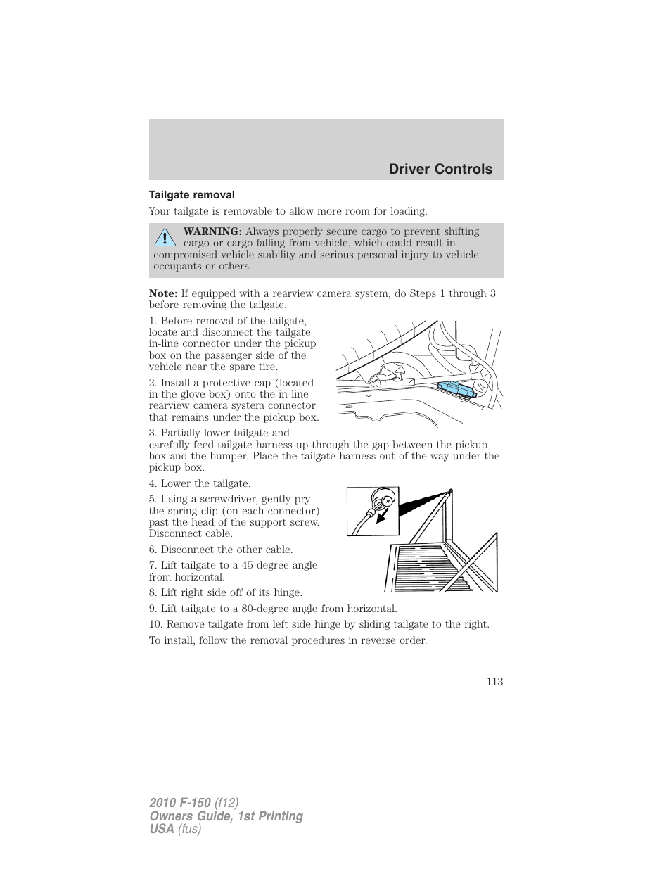 Tailgate removal, Driver controls | FORD 2010 F-150 v.2 User Manual | Page 113 / 414