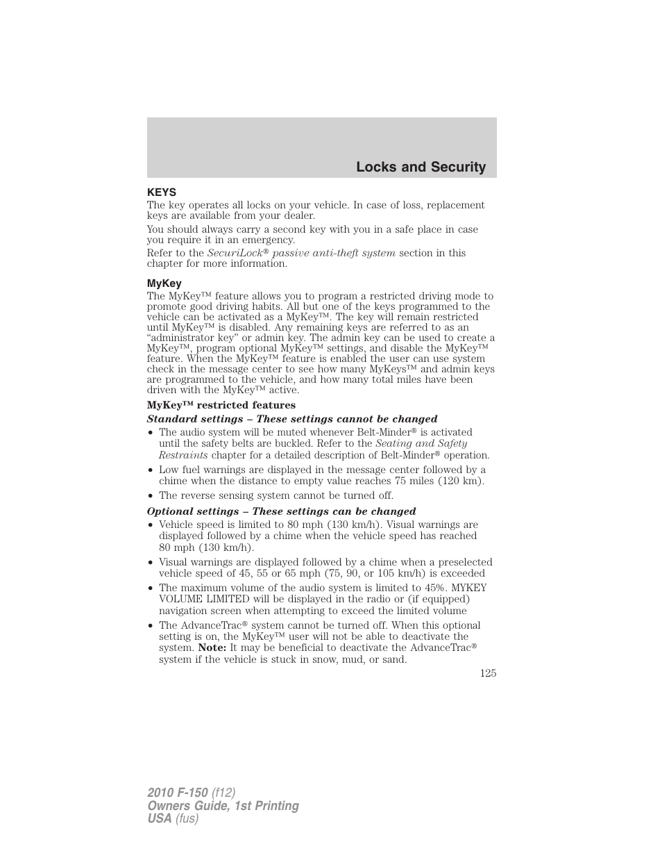 Locks and security, Keys, Mykey | FORD 2010 F-150 v.2 User Manual | Page 125 / 414