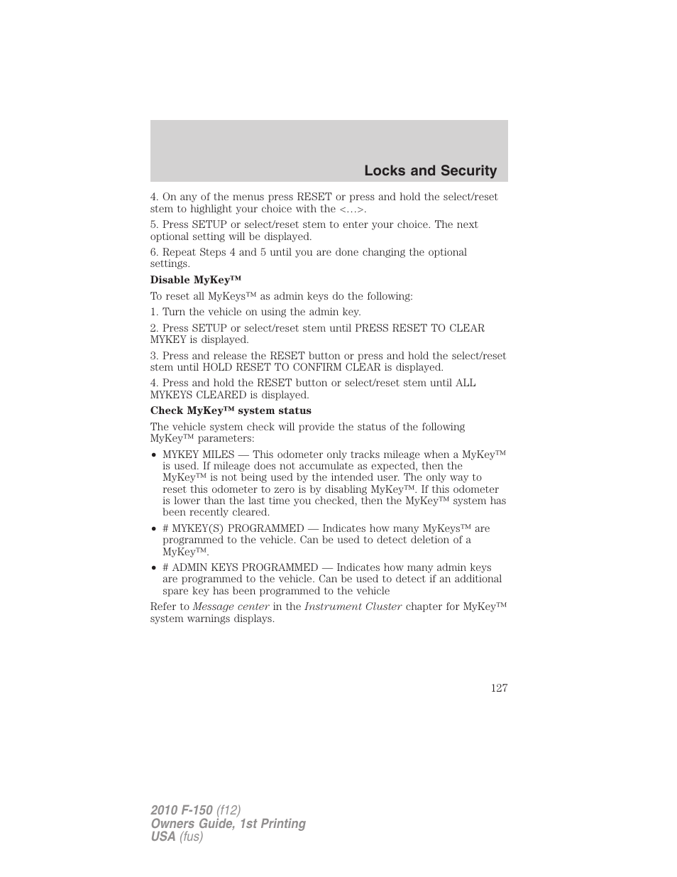 Locks and security | FORD 2010 F-150 v.2 User Manual | Page 127 / 414