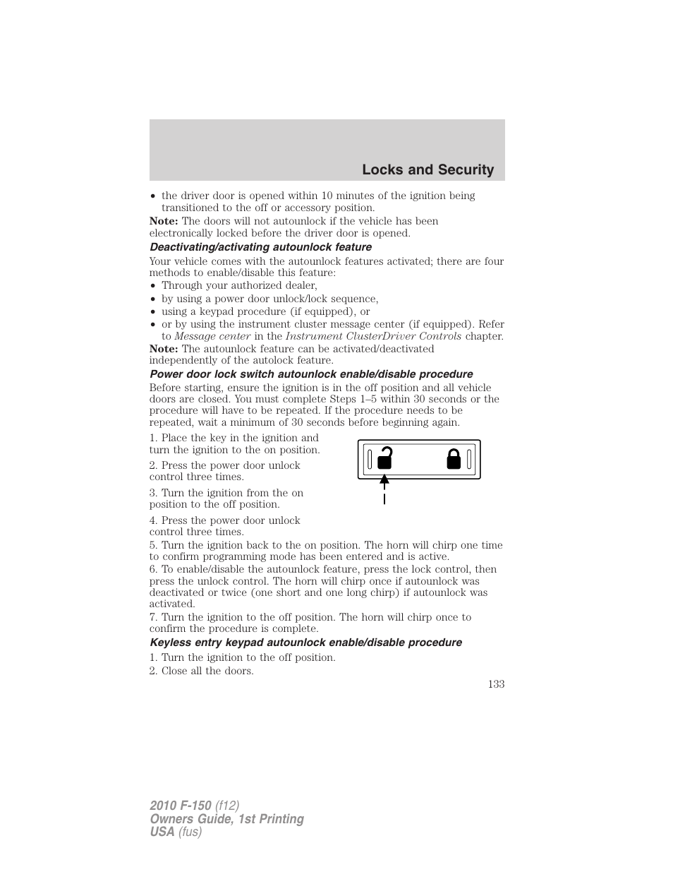 Deactivating/activating autounlock feature, Locks and security | FORD 2010 F-150 v.2 User Manual | Page 133 / 414