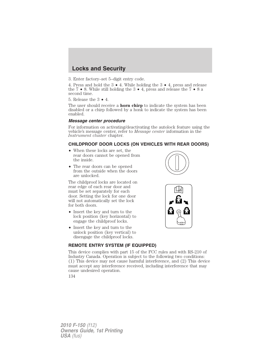 Message center procedure, Remote entry system (if equipped), Locks and security | FORD 2010 F-150 v.2 User Manual | Page 134 / 414