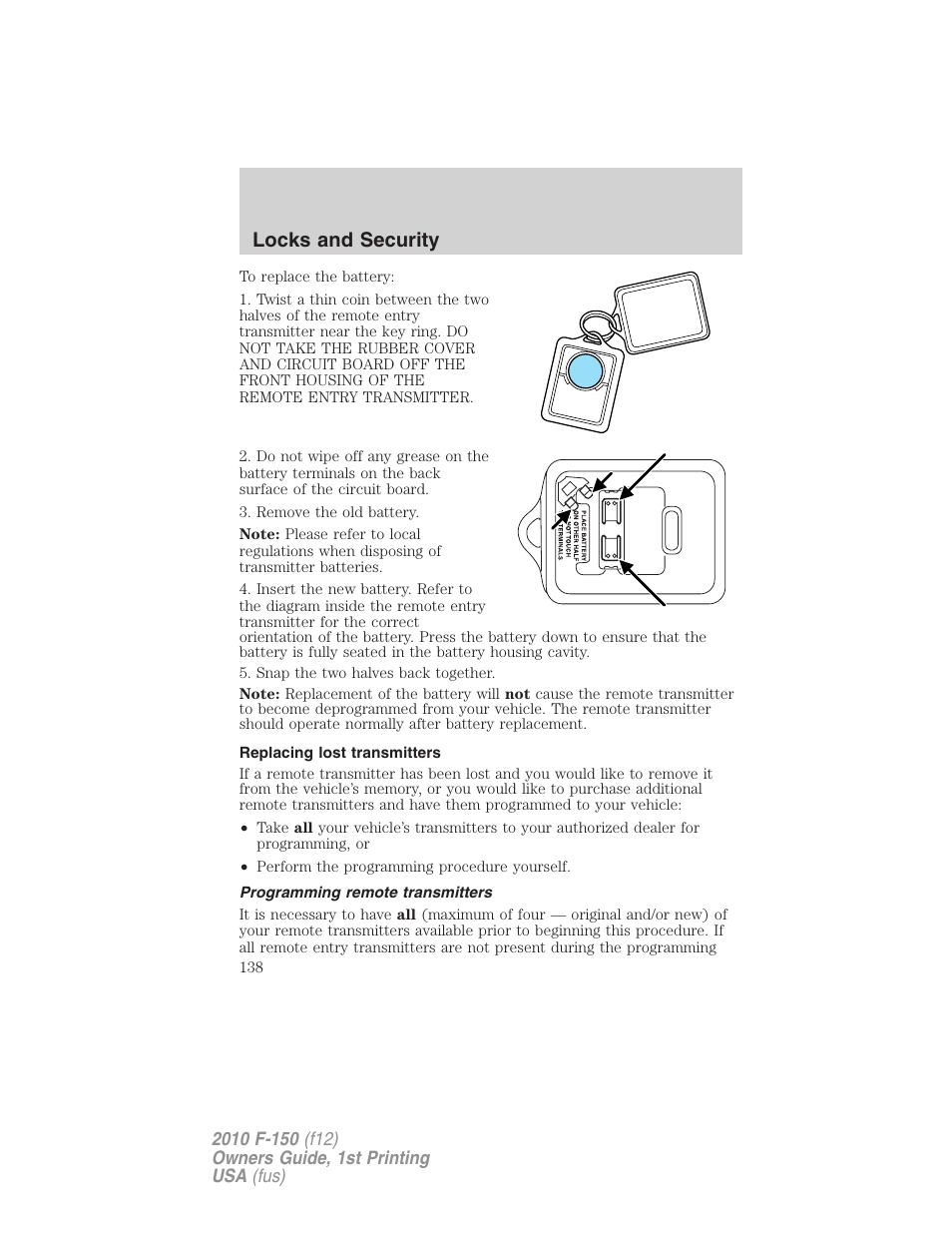 Replacing lost transmitters, Programming remote transmitters, Locks and security | FORD 2010 F-150 v.2 User Manual | Page 138 / 414