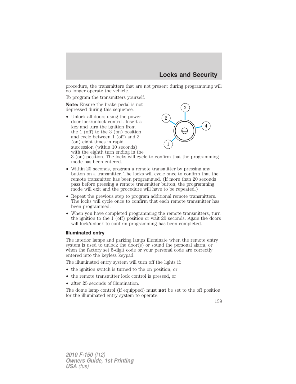 Illuminated entry, Locks and security | FORD 2010 F-150 v.2 User Manual | Page 139 / 414