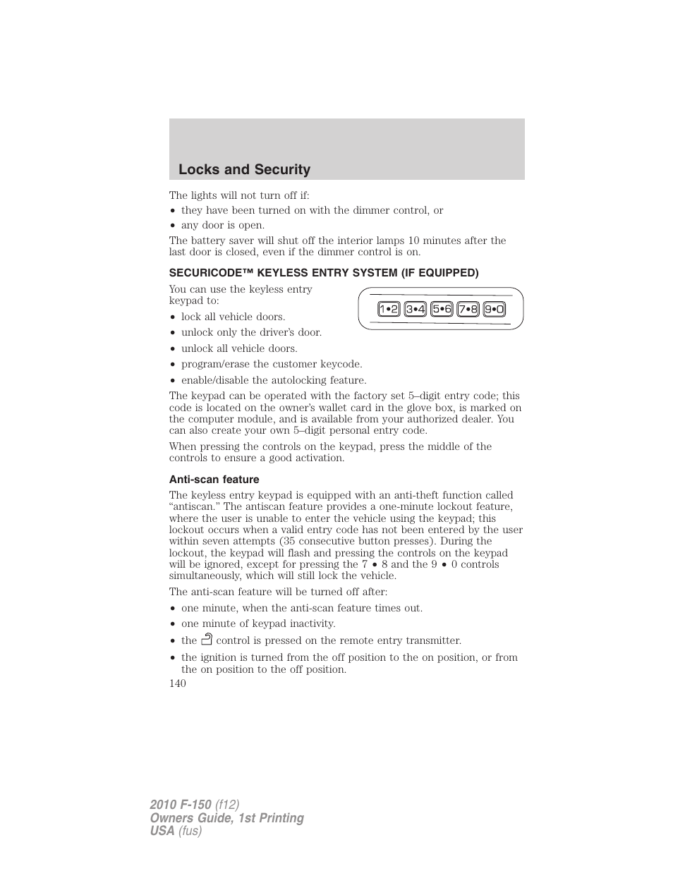 Securicode™ keyless entry system (if equipped), Anti-scan feature, Locks and security | FORD 2010 F-150 v.2 User Manual | Page 140 / 414
