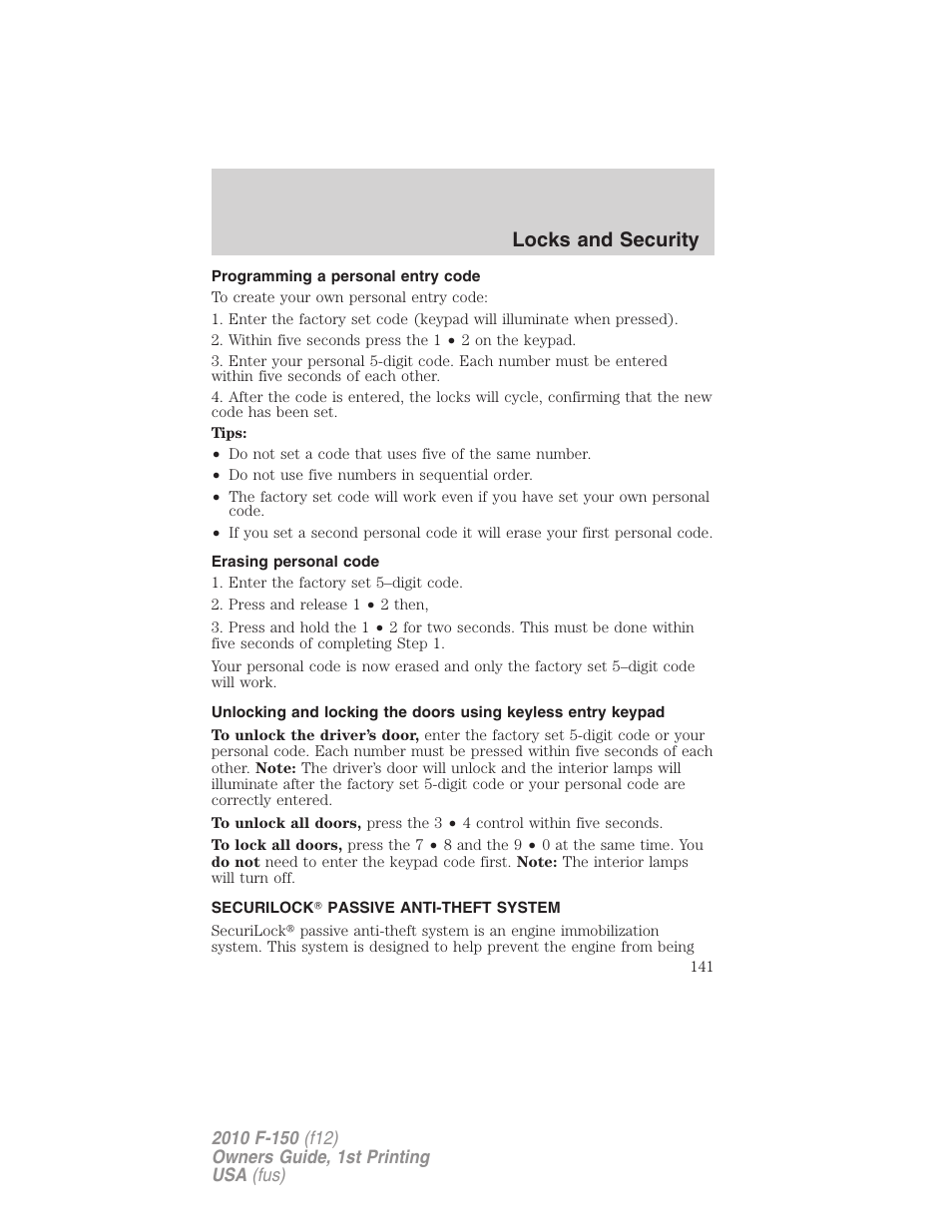 Programming a personal entry code, Erasing personal code, Securilock passive anti-theft system | Anti-theft system, Locks and security | FORD 2010 F-150 v.2 User Manual | Page 141 / 414