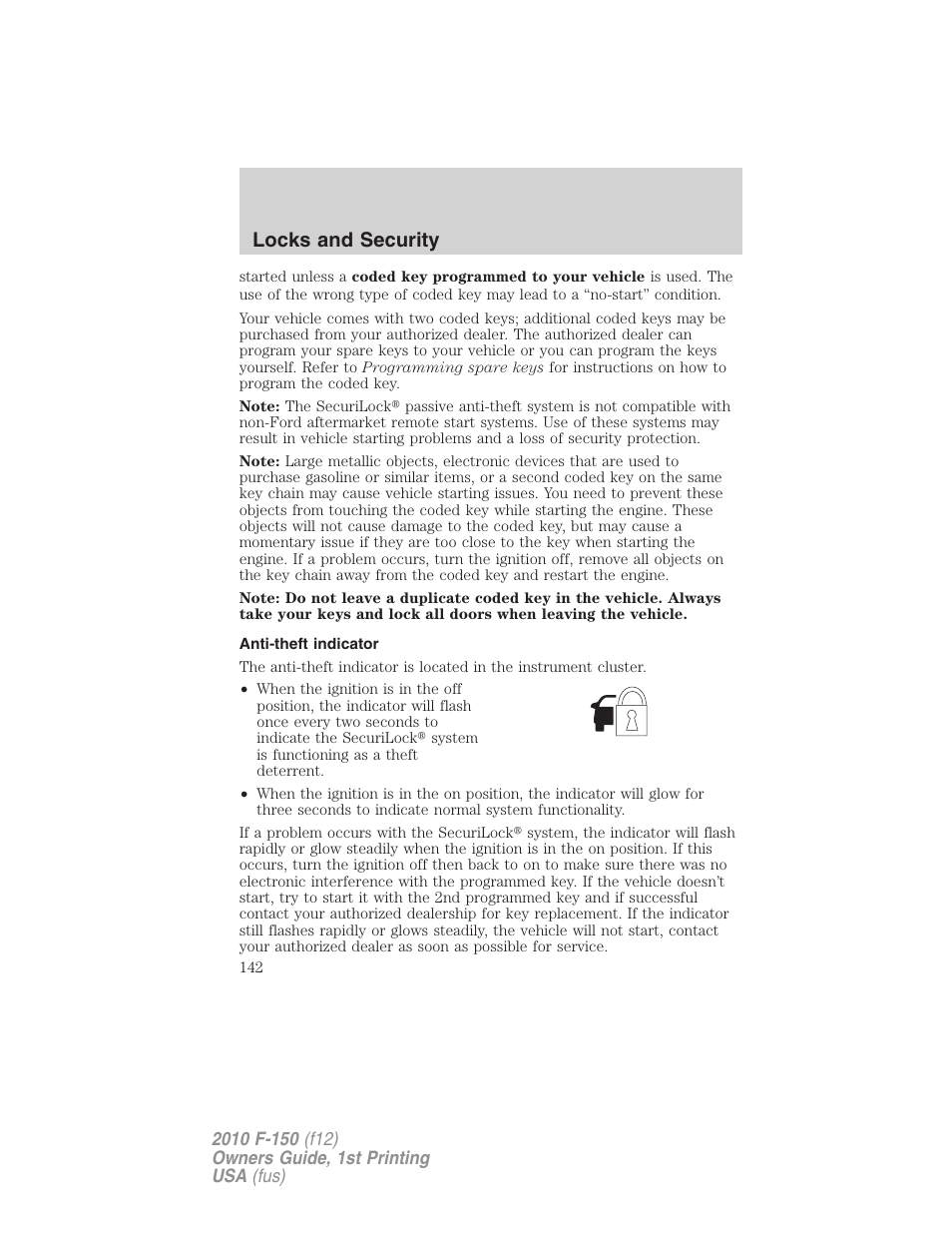 Anti-theft indicator, Locks and security | FORD 2010 F-150 v.2 User Manual | Page 142 / 414