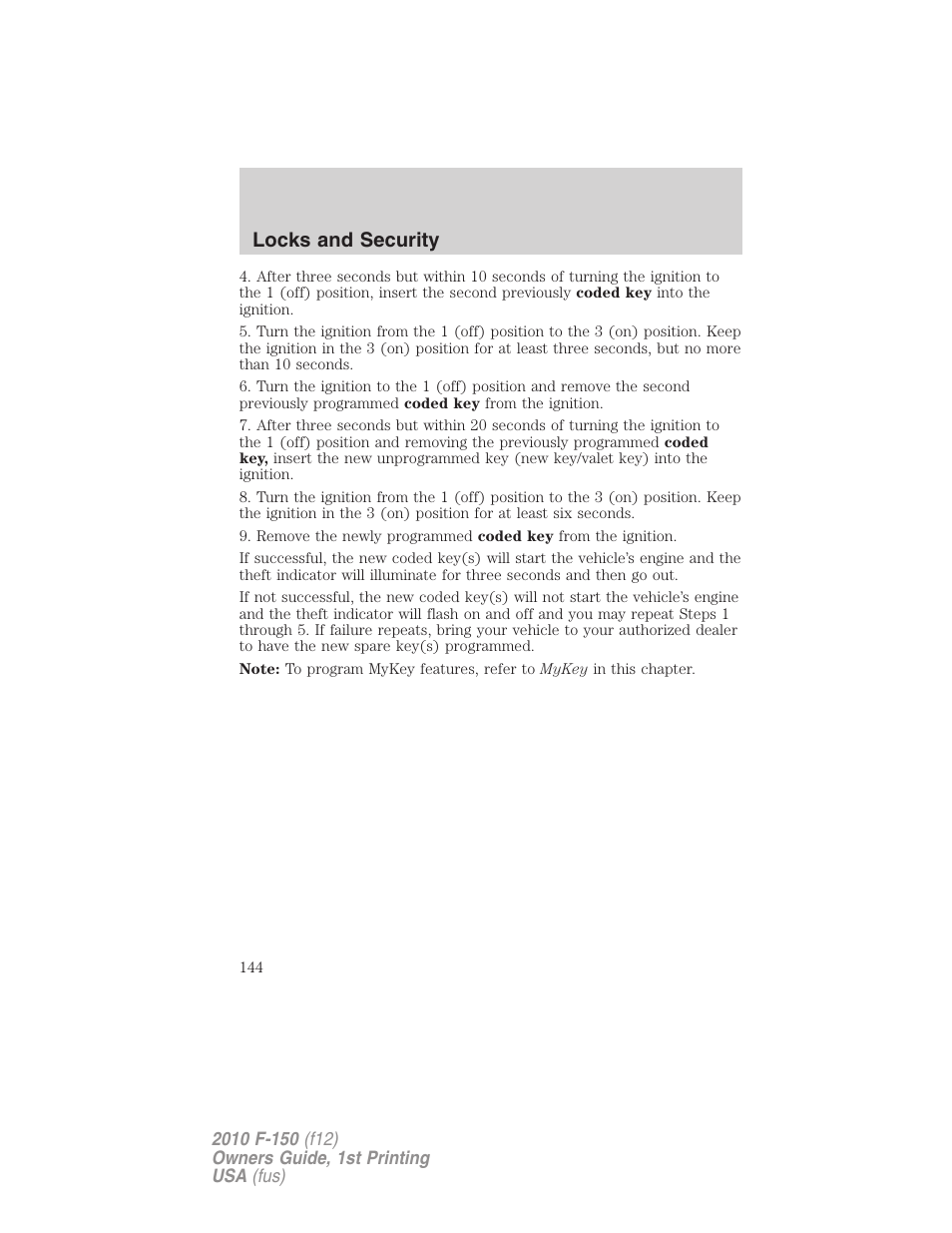 Locks and security | FORD 2010 F-150 v.2 User Manual | Page 144 / 414
