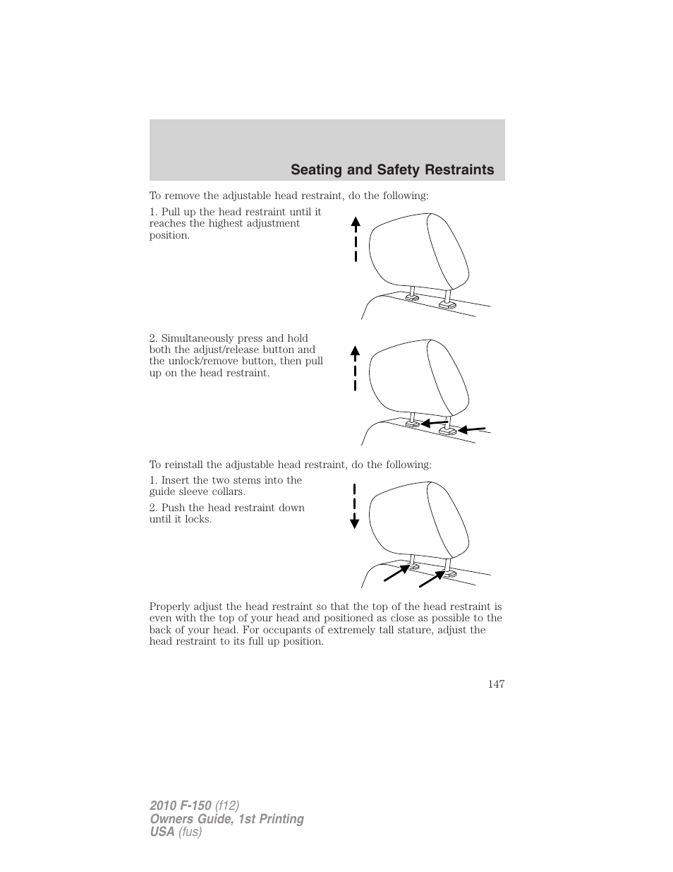Seating and safety restraints | FORD 2010 F-150 v.2 User Manual | Page 147 / 414