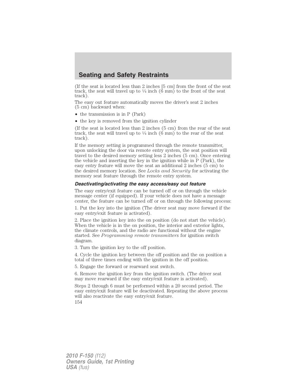 Seating and safety restraints | FORD 2010 F-150 v.2 User Manual | Page 154 / 414