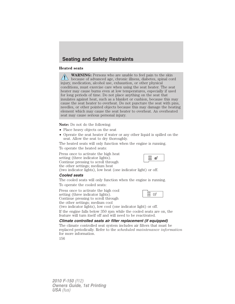 Cooled seats, Seating and safety restraints | FORD 2010 F-150 v.2 User Manual | Page 156 / 414