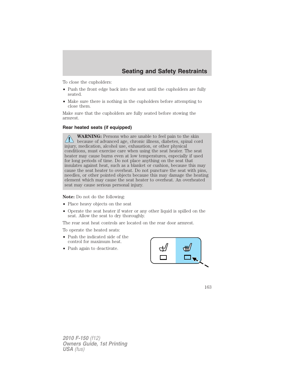 Rear heated seats (if equipped), Seating and safety restraints | FORD 2010 F-150 v.2 User Manual | Page 163 / 414