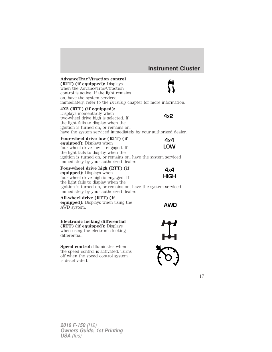 Instrument cluster | FORD 2010 F-150 v.2 User Manual | Page 17 / 414