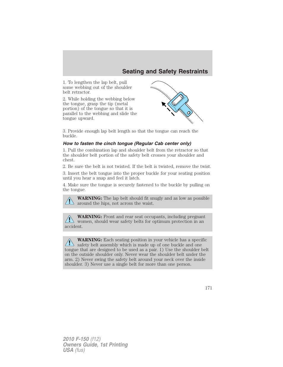 Seating and safety restraints | FORD 2010 F-150 v.2 User Manual | Page 171 / 414