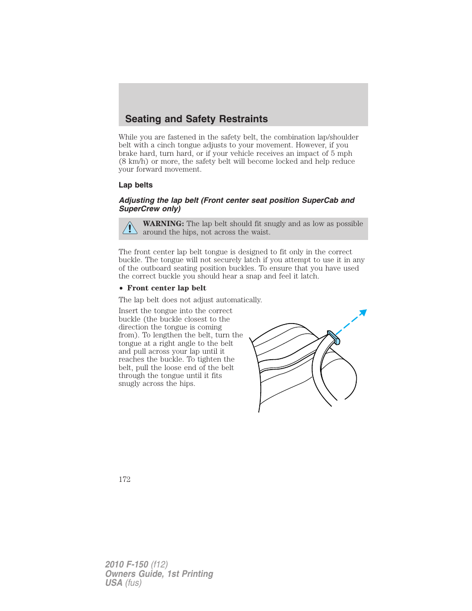 Lap belts, Seating and safety restraints | FORD 2010 F-150 v.2 User Manual | Page 172 / 414